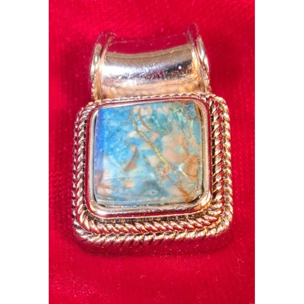 Vintage Square Faux Turquoise Silver Tone Rope Border Slide Pendant